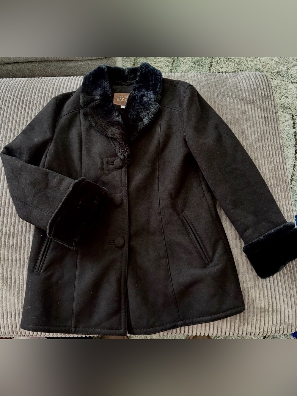Warm Black Faux-Fur Trim Wool-Blend Pea Coat
